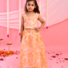 Peach Tie-Dye Kids Flared Lehenga Set with Knotted Top