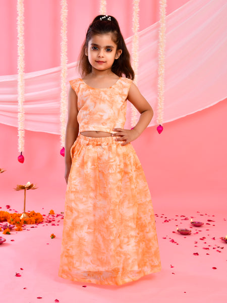 Peach Tie-Dye Kids Flared Lehenga Set with Knotted Top