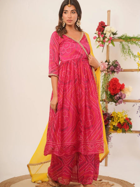 Magenta bandhani anarkali palazzo set