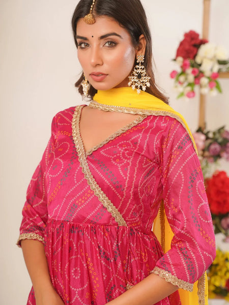 Magenta bandhani anarkali palazzo set