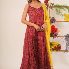 Maroon bandhani anarkali set