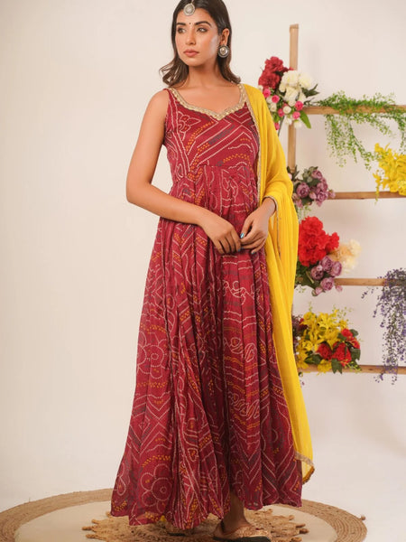 Maroon bandhani anarkali set