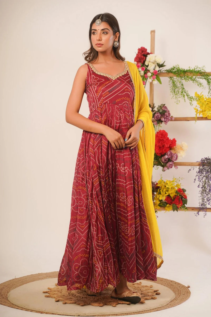 Maroon bandhani anarkali set