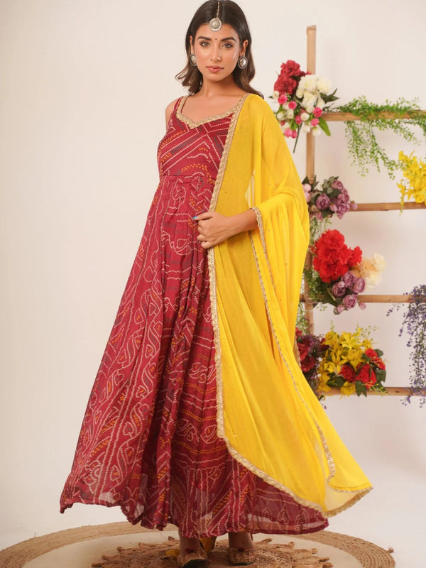 Maroon bandhani anarkali set