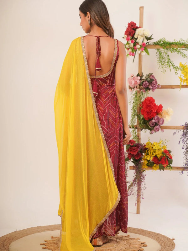 Maroon bandhani anarkali set