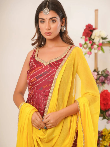 Maroon bandhani anarkali set