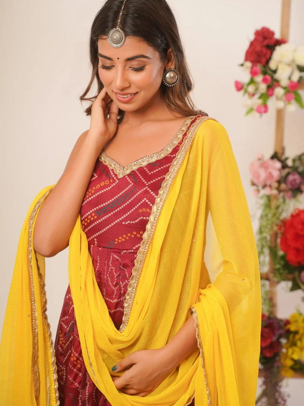 Maroon bandhani anarkali set