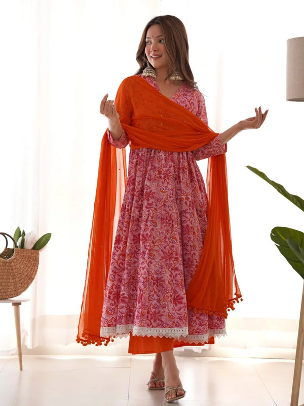 Pink Orange Floral Anarkali Set