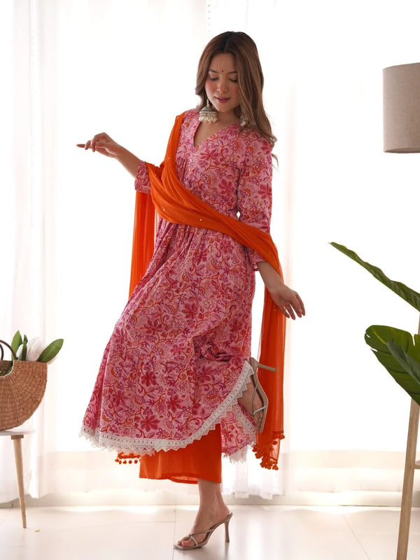Pink Orange Floral Anarkali Set