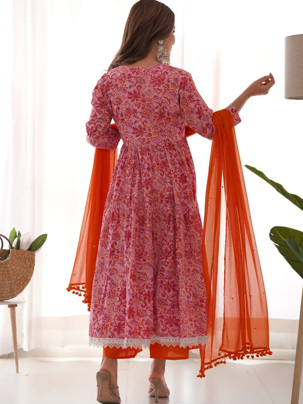 Pink Orange Floral Anarkali Set