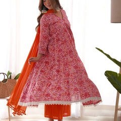 Pink Orange Floral Anarkali Set
