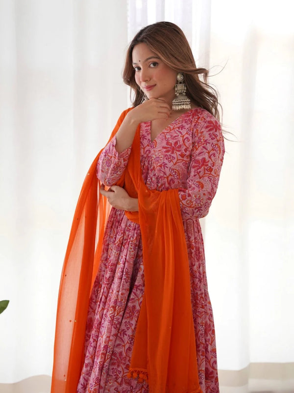 Pink Orange Floral Anarkali Set