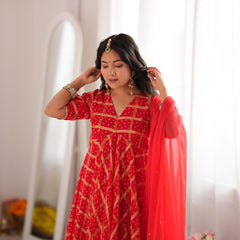 Zarqash Red Bandhani Anarkali Set with Dupatta