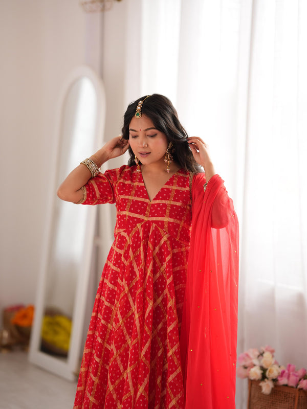 Zarqash Red Bandhani Anarkali Set with Dupatta