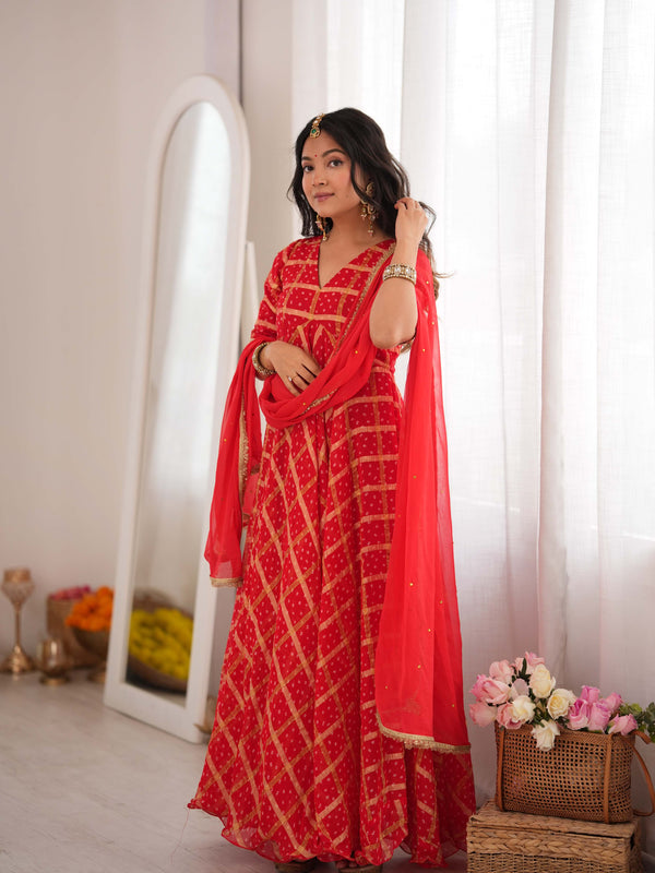 Zarqash Red Bandhani Anarkali Set with Dupatta