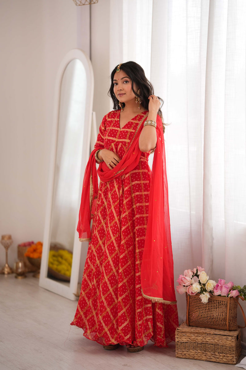 Zarqash Red Bandhani Anarkali Set with Dupatta
