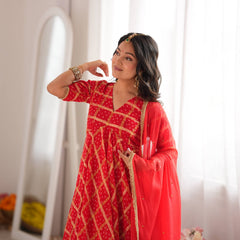 Zarqash Red Bandhani Anarkali Set with Dupatta