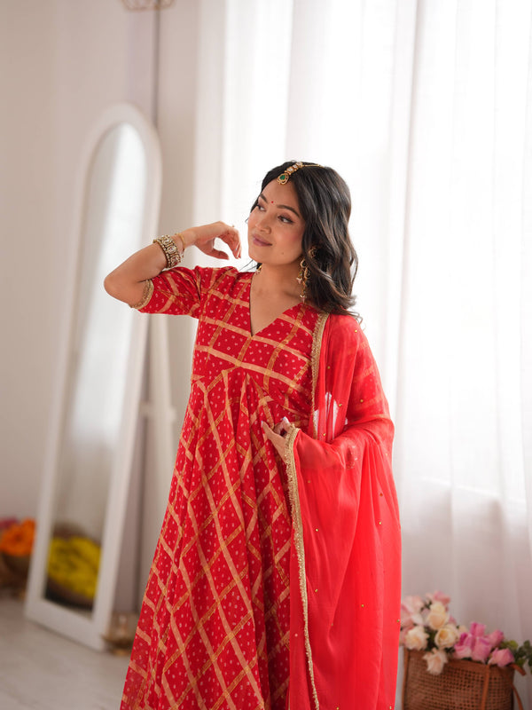 Zarqash Red Bandhani Anarkali Set with Dupatta
