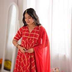 Zarqash Red Bandhani Anarkali Set with Dupatta