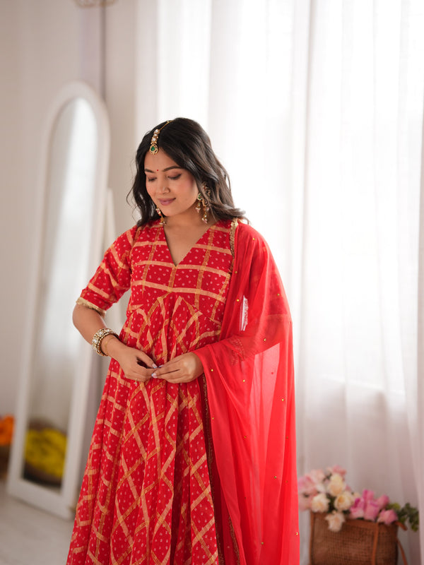Zarqash Red Bandhani Anarkali Set with Dupatta