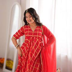 Zarqash Red Bandhani Anarkali Set with Dupatta