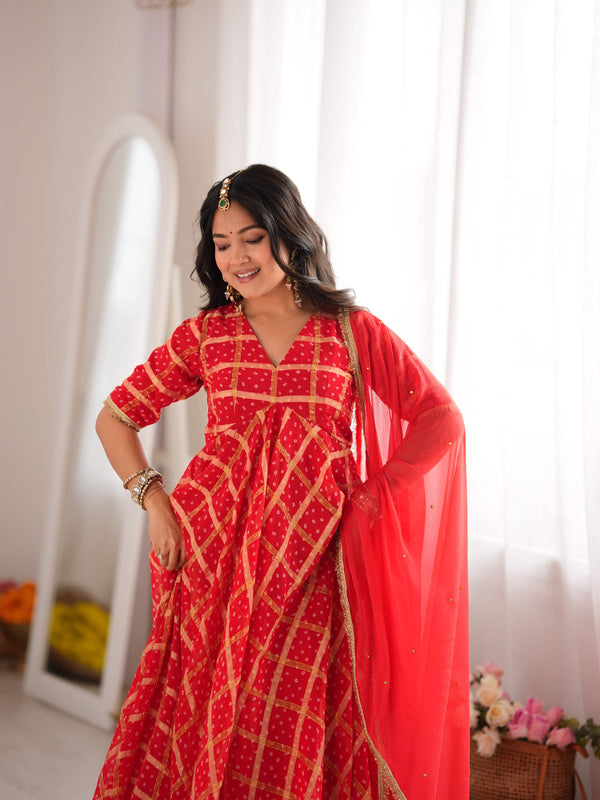 Zarqash Red Bandhani Anarkali Set with Dupatta