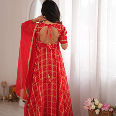 Zarqash Red Bandhani Anarkali Set with Dupatta