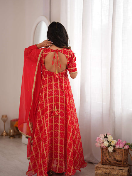 Zarqash Red Bandhani Anarkali Set with Dupatta