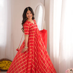Zarqash Red Bandhani Anarkali Set with Dupatta