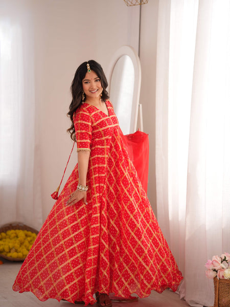 Zarqash Red Bandhani Anarkali Set with Dupatta