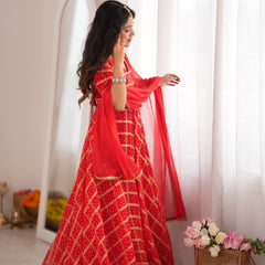Zarqash Red Bandhani Anarkali Set with Dupatta