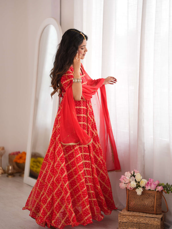 Zarqash Red Bandhani Anarkali Set with Dupatta