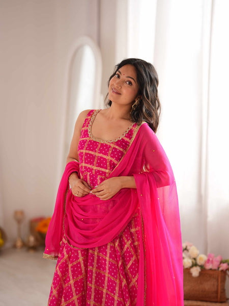 Gulzaar Pink Bandhani Anarkali Set with Dupatta
