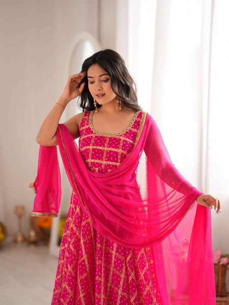 Gulzaar Pink Bandhani Anarkali Set with Dupatta