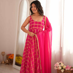 Gulzaar Pink Bandhani Anarkali Set with Dupatta