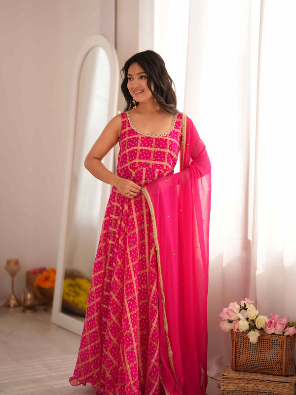 Gulzaar Pink Bandhani Anarkali Set with Dupatta