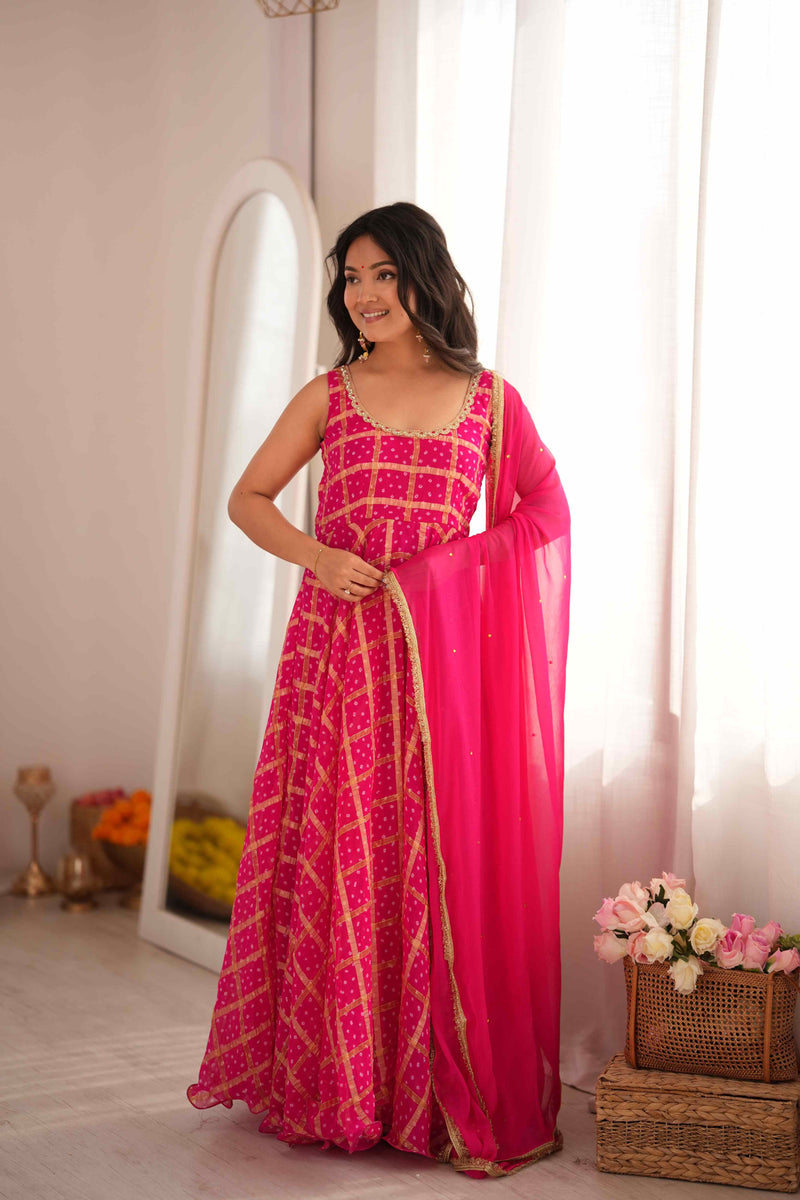 Gulzaar Pink Bandhani Anarkali Set with Dupatta