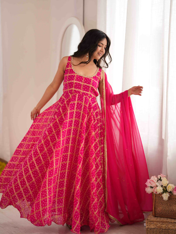 Gulzaar Pink Bandhani Anarkali Set with Dupatta