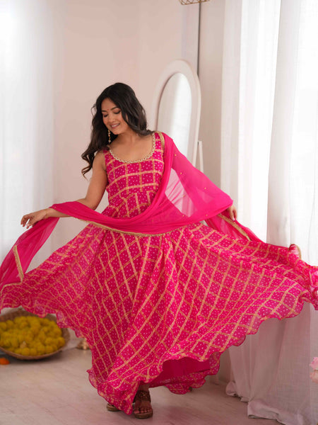 Gulzaar Pink Bandhani Anarkali Set with Dupatta