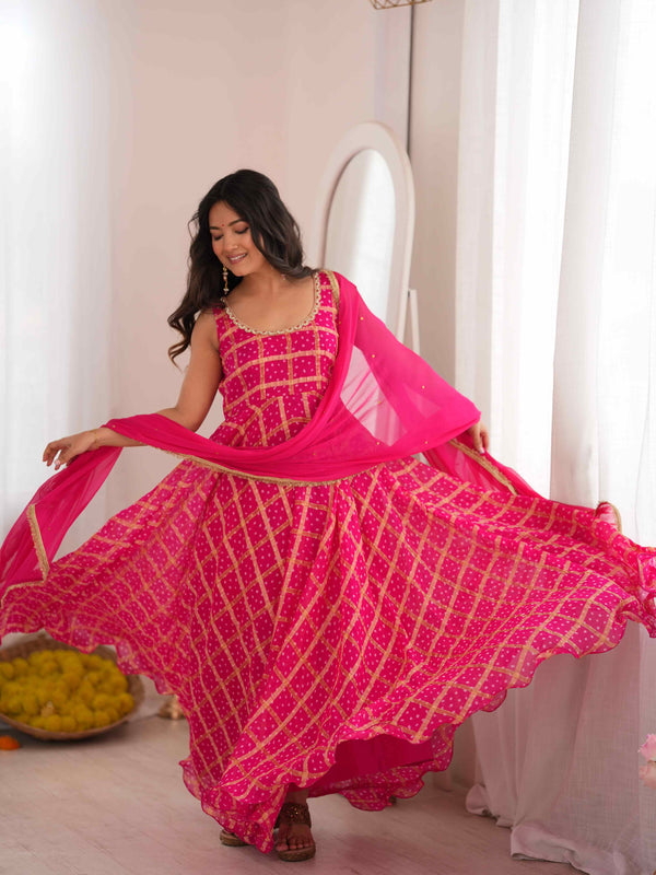 Gulzaar Pink Bandhani Anarkali Set with Dupatta