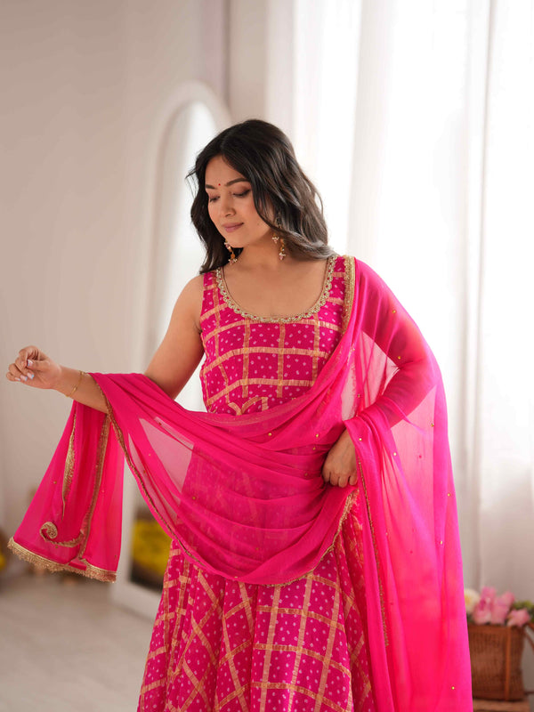Gulzaar Pink Bandhani Anarkali Set with Dupatta