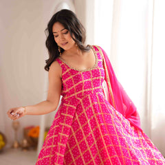 Gulzaar Pink Bandhani Anarkali Set with Dupatta