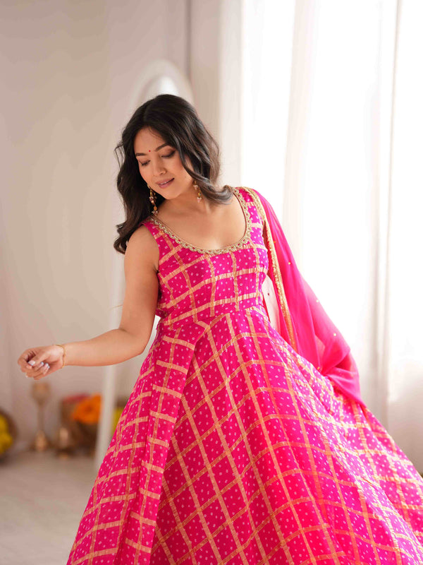 Gulzaar Pink Bandhani Anarkali Set with Dupatta
