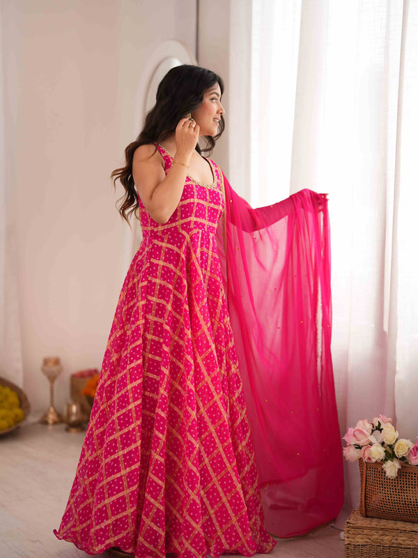 Gulzaar Pink Bandhani Anarkali Set with Dupatta
