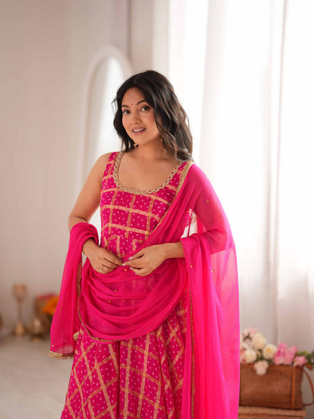 Gulzaar Pink Bandhani Anarkali Set with Dupatta