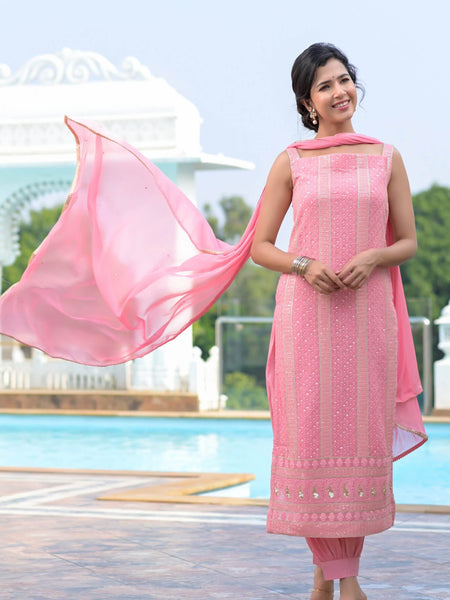 Pink chikankari suit set For Women