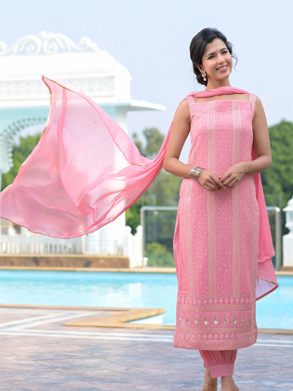 Pink chikankari suit set For Women