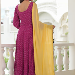 Magenta Embroidered Anarkali Suit Set with Yellow Dupatta
