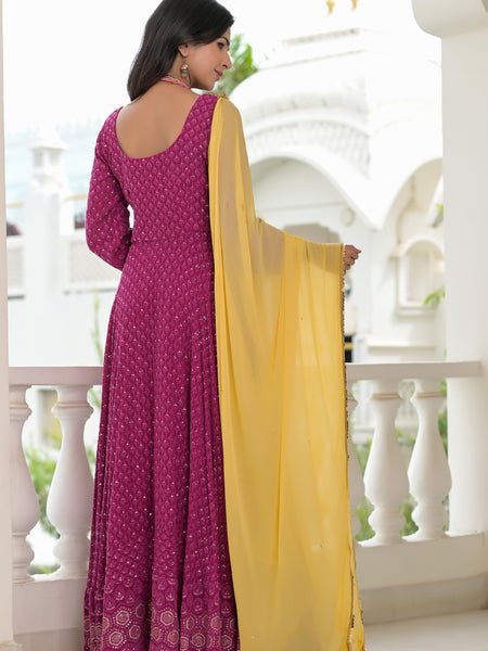 Magenta Embroidered Anarkali Suit Set with Yellow Dupatta