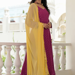 Magenta Embroidered Anarkali Suit Set with Yellow Dupatta